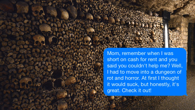 Illustration for article titled Worry Your Mom By Sending Her These Pictures Of The Paris Catacombs With Captions Claiming You Live There